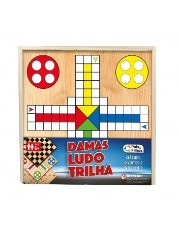 JOGO ESTOJO DAMAS, LUDO E TRILHA MADEIRA 2212